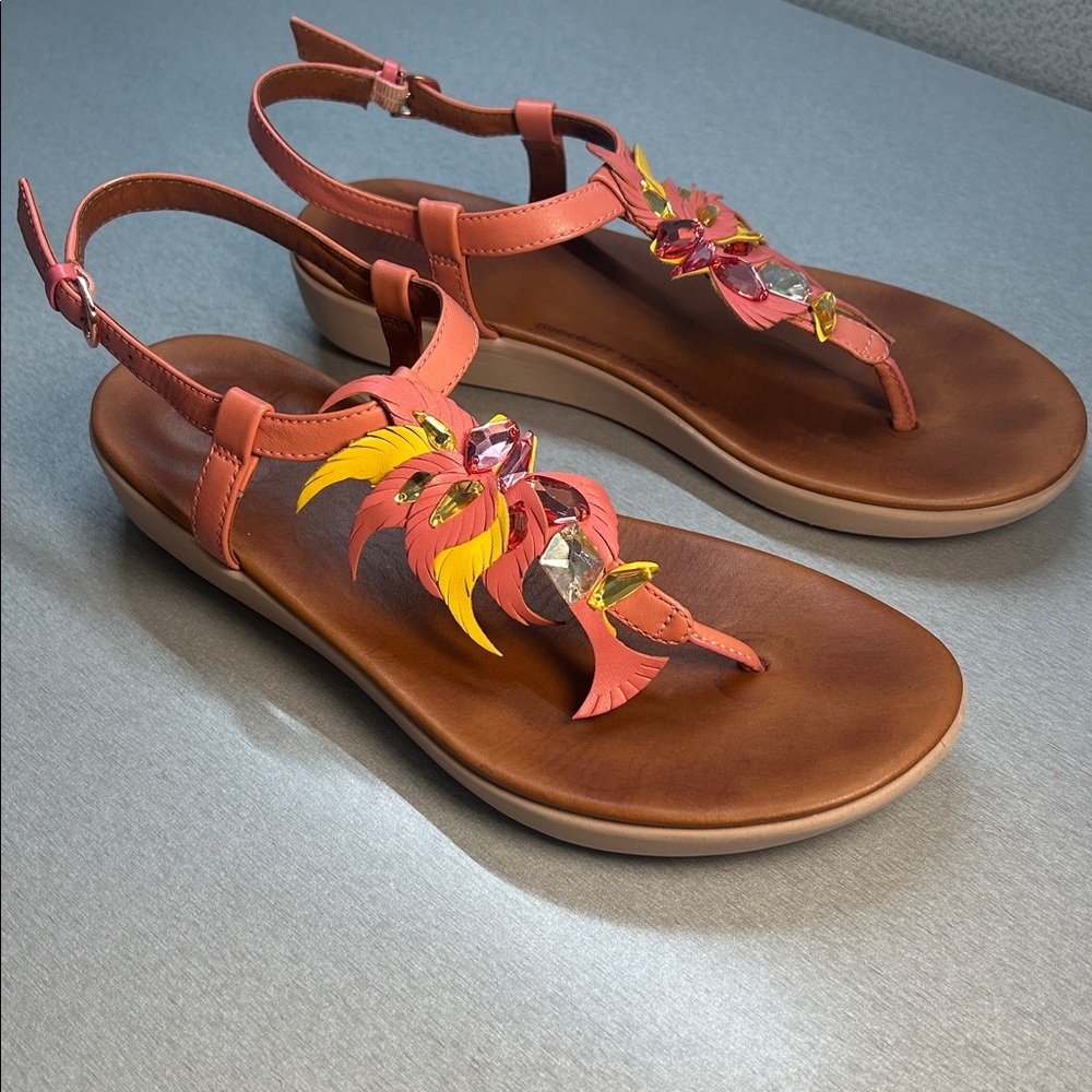 FitFlop Tia Coral Jewel Feather Leather Back Strap Thong Sandals Women’s 7